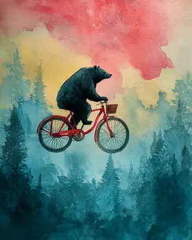 Bear Flying on Bicycle Wildlife Art Print - 8"x10" Artwork for 11"x14" Frame