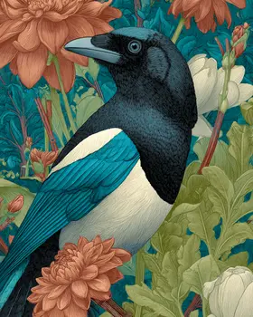 Vintage Magpie Wildlife Art Print - 8"x10" Artwork for 11"x14" Frame