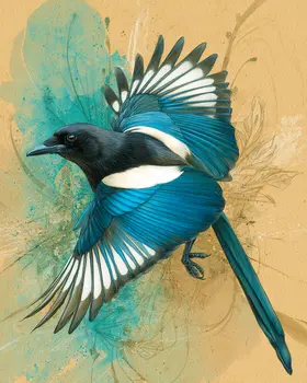 Flying Magpie Wildlife Art Print - 8"x10" Artwork for 11"x14" Frame