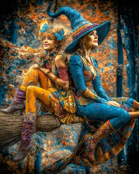 Two Witches on a Broom - Dark Academia Art - 8"x10" Artwork for 11"x14" Frame