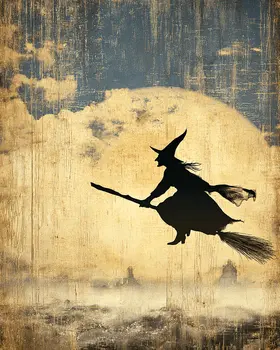 Vintage Witch Riding Her Broom - Dark Academia Art - 8"x10" Artwork for 11"x14" Frame