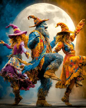 Bigfoot Dancing with Two Witches - Dark Academia Art - 8"x10" Artwork for 11"x14" Frame