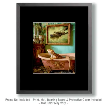 Bearded Dragon Lizard in a Bathtub with Alligator Pic Above Bathroom Art Print - 8"x10" Artwork for 11"x14" Frame