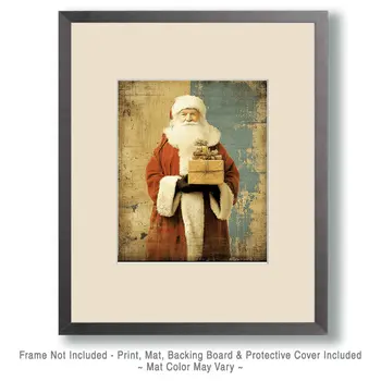 Vintage Santa Claus with Present Christmas Art Print - 8"x10" Artwork