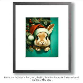 Bunny Rabbit in Santa Hat Christmas Art Print - 8"x10" Artwork