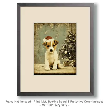 Puppy in Santa Hat Christmas Art Print - 8"x10" Artwork