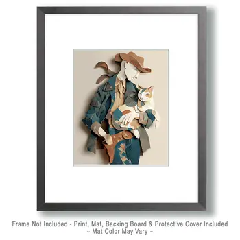 Cowboy & His Cat - Cut Paper Art Print - 8"x10" Artwork for 11"x14" Frame