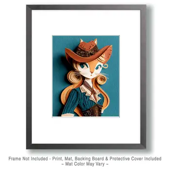 Shy Cowgirl Cat - Cut Paper Art Print - 8"x10" Artwork for 11"x14" Frame