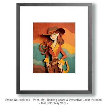 Cowgirl Sally & Her Cat - Cut Paper Art Print - 8"x10" Artwork for 11"x14" Frame
