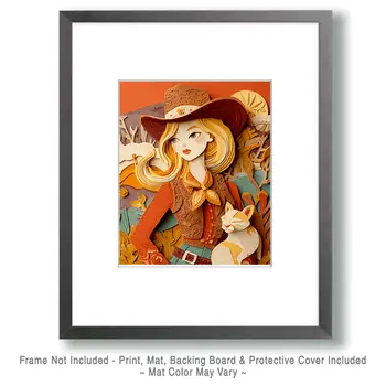 Cowgirl Jessica & Her Cat - Cut Paper Art Print - 8"x10" Artwork for 11"x14" Frame