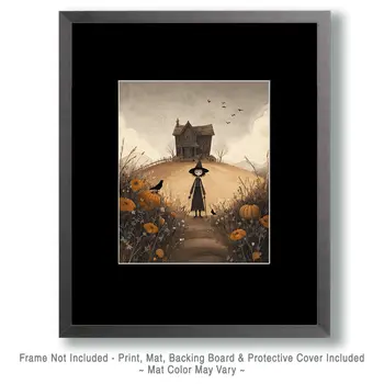 Folk Art Witch in Front of Her House Dark Academia Art Print - 8"x10" Artwork for 11"x14" Frame