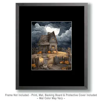 Folk Art House on Hallows Eve Dark Academia Art Print - 8"x10" Artwork for 11"x14" Frame
