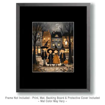 Folk Art Four Witches Trick or Treating Dark Academia Art Print - 8"x10" Artwork for 11"x14" Frame