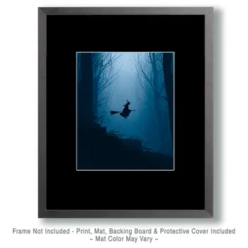 Deep Woods Witch Flying By on Broom Dark Academia Art Print - 8"x10" Artwork for 11"x14" Frame