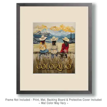 Evergreen Cowgirls on a Fence Colorado Art Print - 8"x10" Artwork for 11"x14" Frame