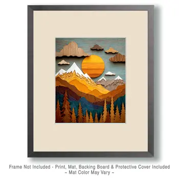 Wood Relief Style Mountains Nature Art Print - 8"x10" Artwork for 11"x14" Frame