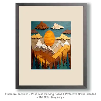 Wood Relief Style Mountain Sunrise Nature Art Print - 8"x10" Artwork for 11"x14" Frame