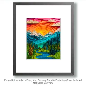 Layered Paper Style Mountain Sunrise Nature Art Print - 8"x10" Artwork for 11"x14" Frame