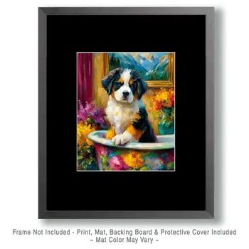 Bernie Puppy Gets a Bath - Saint Bernard Bathroom Art Print - 8"x10" Artwork for 11"x14" Frame