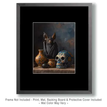 Calavera Bat & Skull Still-Life - Dark Academia Art Print - 8"x10" Artwork for 11"x14" Frame