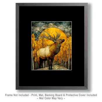 Stylized Bull Elk Wildlife Art Print - 8"x10" Artwork for 11"x14" Frame