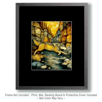 Stylized Jumping Wolf Wildlife Art Print - 8"x10" Artwork for 11"x14" Frame