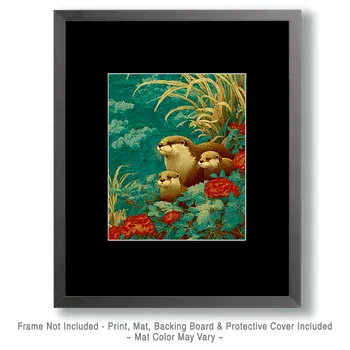 Stylized Otter & Kits Wildlife Art Print - 8"x10" Artwork for 11"x14" Frame