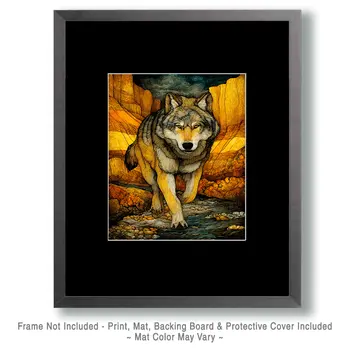 Stylized Running Wolf Wildlife Art Print - 8"x10" Artwork for 11"x14" Frame