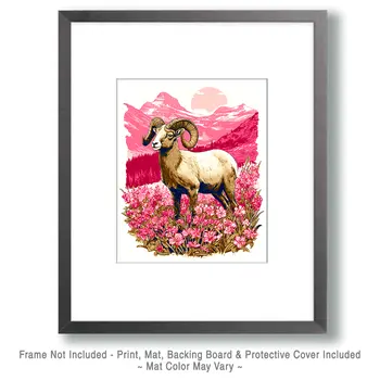 Bighorn Sheep in Pink Landscape Wildlife Art Print - 8"x10" Artwork for 11"x14" Frame