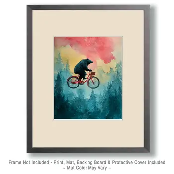 Bear Flying on Bicycle Wildlife Art Print - 8"x10" Artwork for 11"x14" Frame