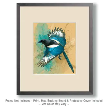 Flying Magpie Wildlife Art Print - 8"x10" Artwork for 11"x14" Frame