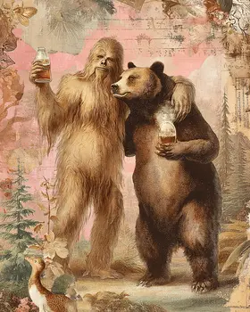 Bigfoot & Bear Celebrate Art Print - 8"x10" Artwork for 11"x14" Frame