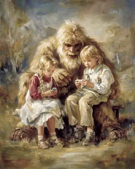 Kids Show Bigfoot Their Phones Art Print - 8"x10" Artwork for 11"x14" Frame