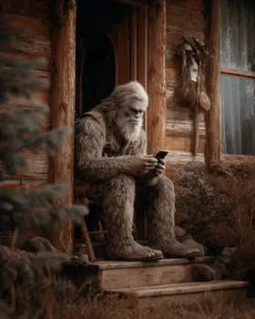 Bigfoot Texting on the Front Doorstep Art Print - 8"x10" Artwork for 11"x14" Frame