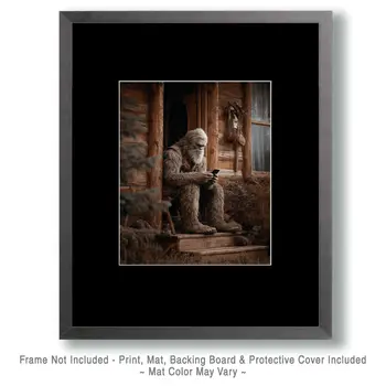 Bigfoot Texting on the Front Doorstep Art Print - 8"x10" Artwork for 11"x14" Frame