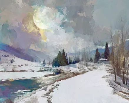 Morning Moon - Winter Landscape Art Print - 8"x10" Artwork for 11"x14" Frame