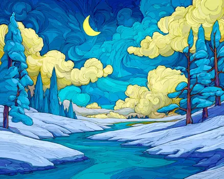Puufy Clouds at Night - Winter Landscape Art Print - 8"x10" Artwork for 11"x14" Frame
