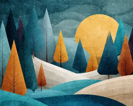 Rustic Folk Art Moon Rising - Winter Landscape Art Print - 8"x10" Artwork for 11"x14" Frame