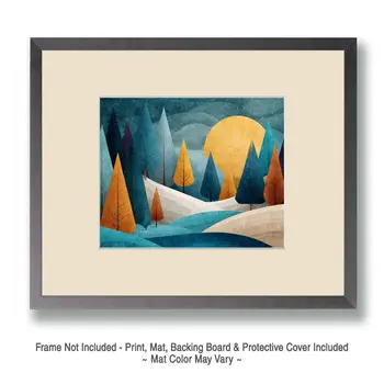 Rustic Folk Art Moon Rising - Winter Landscape Art Print - 8"x10" Artwork for 11"x14" Frame