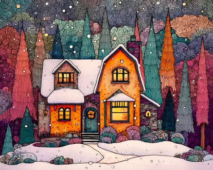 Folk Art Home - Winter Landscape Art Print - 8"x10" Artwork for 11"x14" Frame