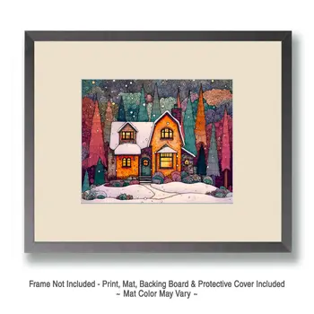 Folk Art Home - Winter Landscape Art Print - 8"x10" Artwork for 11"x14" Frame