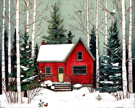 Red House in Aspens - Winter Landscape Art Print - 8"x10" Artwork for 11"x14" Frame