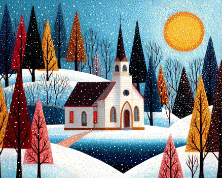 Folk Art Church Winterscape - Winter Landscape Art Print - 8"x10" Artwork for 11"x14" Frame