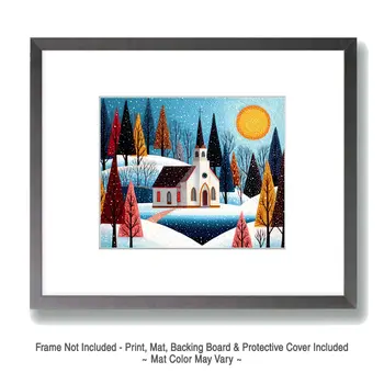 Folk Art Church Winterscape - Winter Landscape Art Print - 8"x10" Artwork for 11"x14" Frame