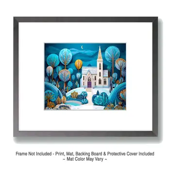 Stylized Church Winterscape - Winter Landscape Art Print - 8"x10" Artwork for 11"x14" Frame