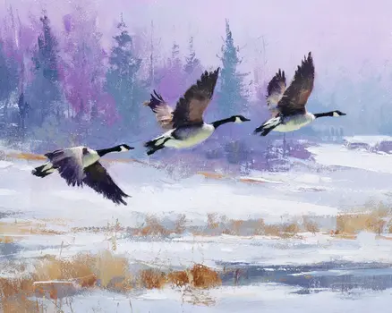 Three Canada Geese Winterscape - Winter Landscape Art Print - 8"x10" Artwork for 11"x14" Frame