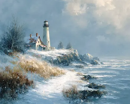 Maine Lighthouse Winterscape - Winter Landscape Art Print - 8"x10" Artwork for 11"x14" Frame