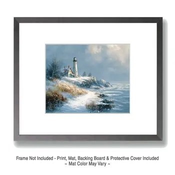 Maine Lighthouse Winterscape - Winter Landscape Art Print - 8"x10" Artwork for 11"x14" Frame