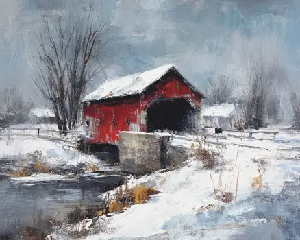 Covered Bridge Winterscape - Winter Landscape Art Print - 8"x10" Artwork for 11"x14" Frame