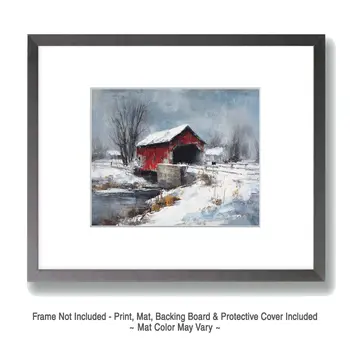 Covered Bridge Winterscape - Winter Landscape Art Print - 8"x10" Artwork for 11"x14" Frame